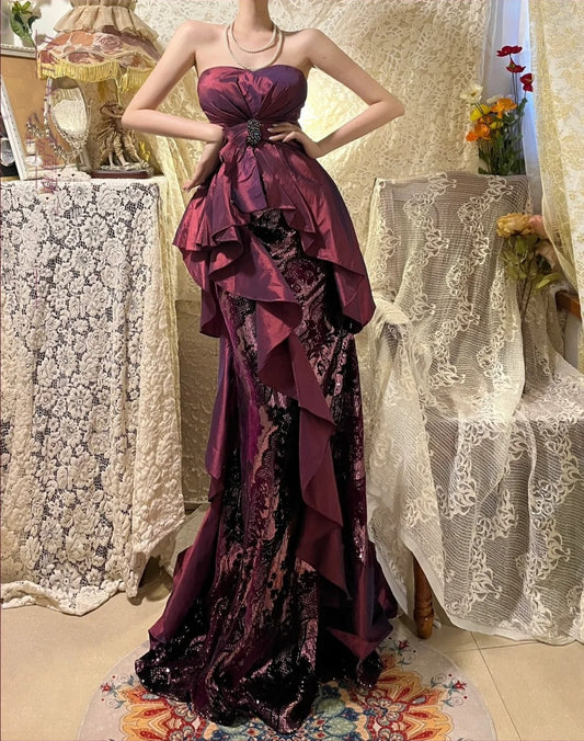 Purple Lace Beautiful Mermaid Long Satin Ball Gown Evening Dress nv4321