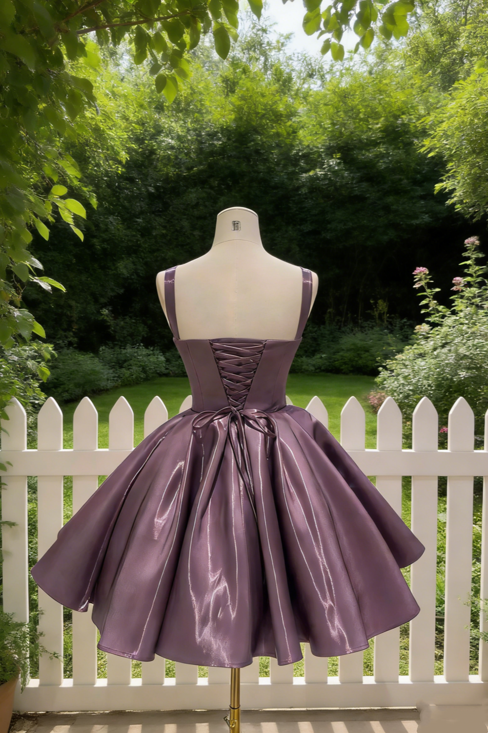 Lavender Satin Lace-Up Puff Dress - Gentle Style Birthday Party Gown NV6790