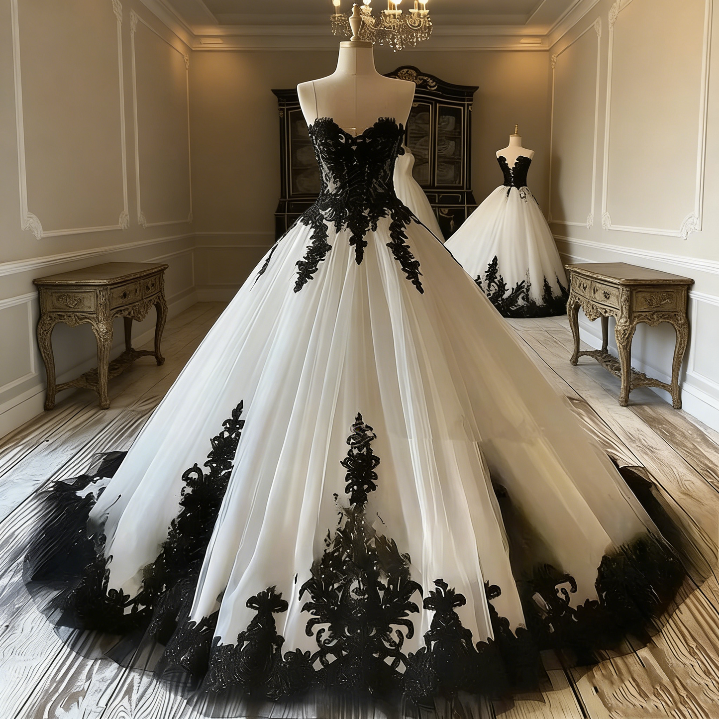 Black & White Lace Contrast Train Bridal Gown - Gothic Themed Wedding Dress  NV6776