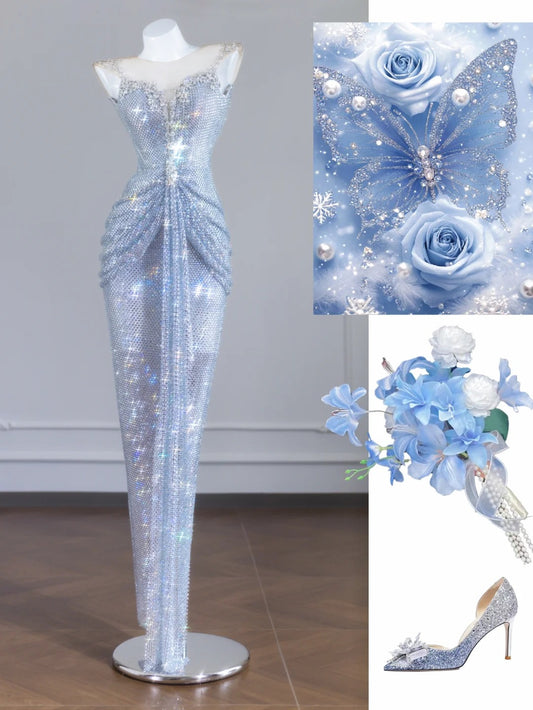 Silbernes, glänzendes, langes Ballkleid mit Pailletten, Abendkleid, Partykleid, nv4722