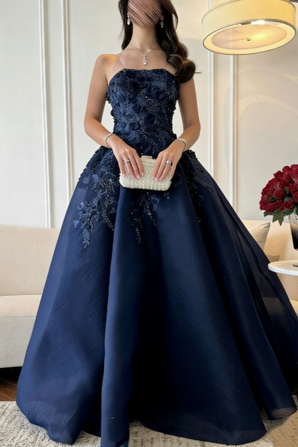 Navy Blue 3D Floral Beaded Ball Gown - Strapless Floor-Length Evening Dress NV6873