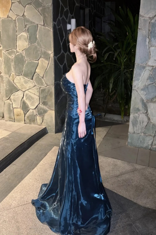 Strapless Liquid Satin Deep Blue Mermaid Gown Back Lace-up Formal Evening Dress  NV6880