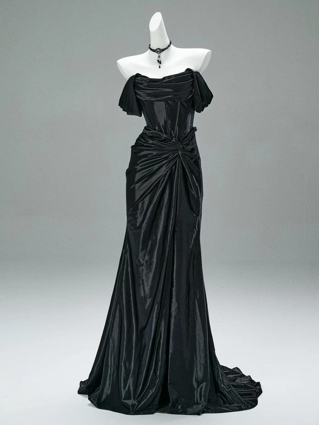 Schwarzes elegantes langes Ballkleid aus Satin, Abendkleid, Abschlusskleid, nv4225