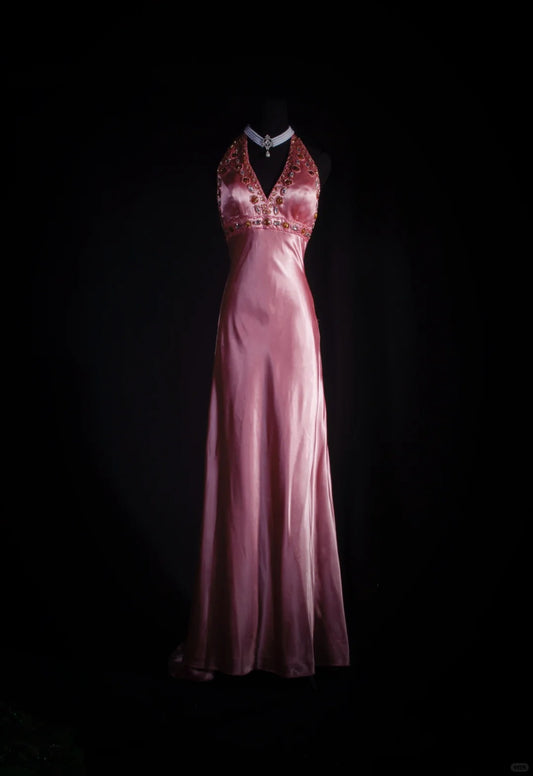 Pink exquisite beaded retro fashion long satin prom dress party dress nv5210
