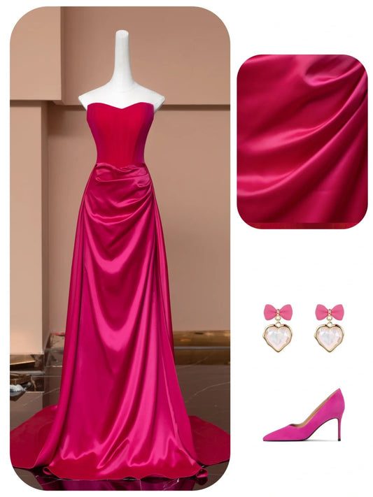 Rosa Elegante Mode Lange Satin Ballkleid Abendkleid Partykleid nv4734