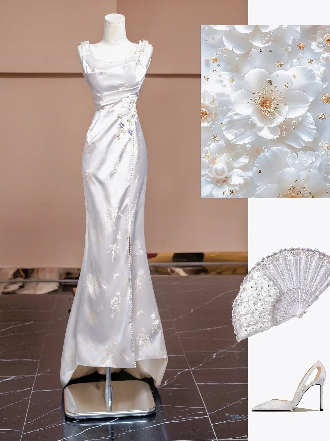 White floral elegant long satin party dress prom dress evening gown nv4542