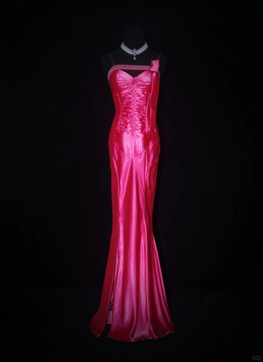 Robe de soirée longue en satin rose rouge Barbie Princess Fashion, épaules dénudées, dos nu, nv5205