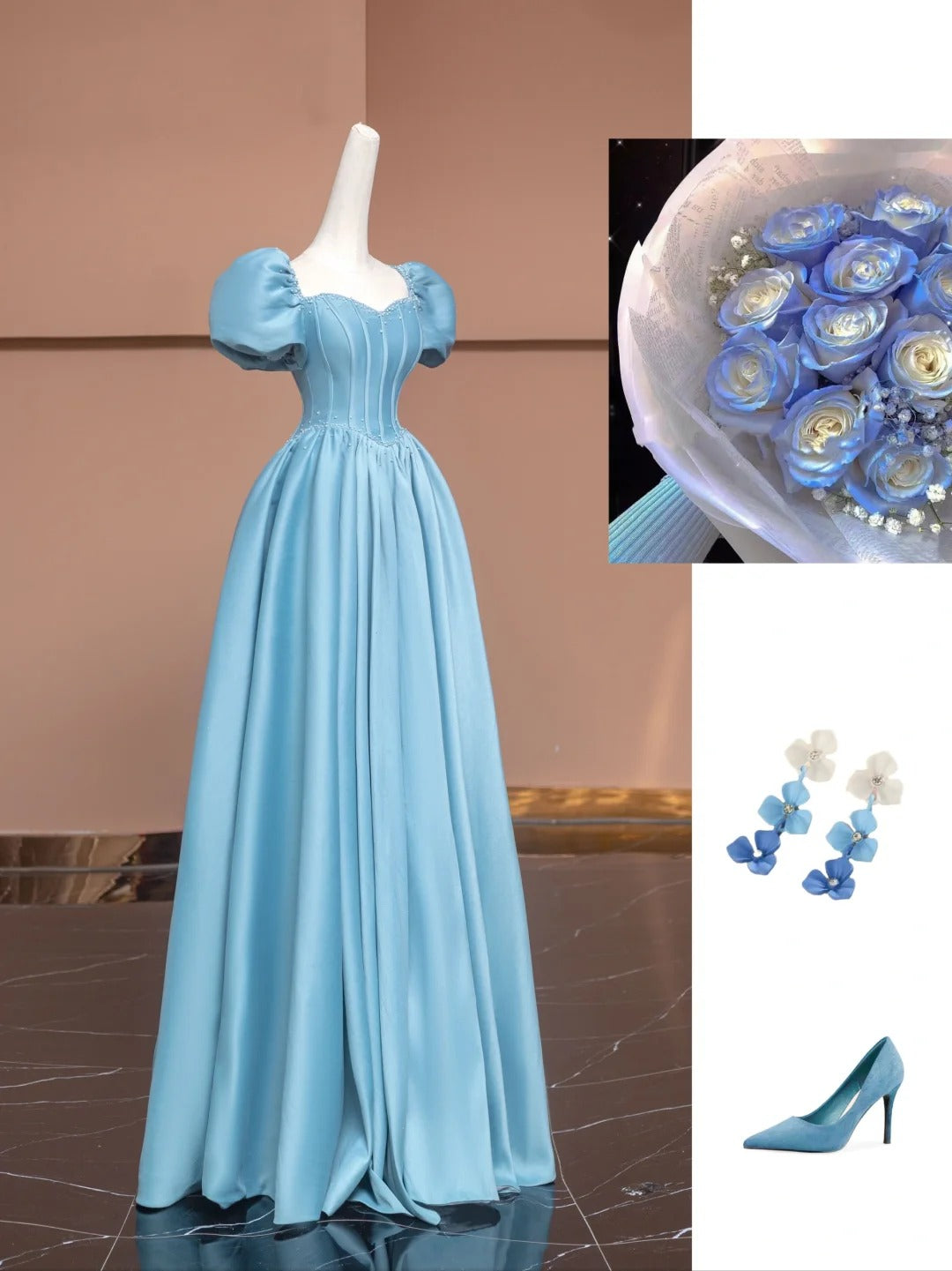 Blue Delicate Beaded Long Satin Prom Dress Ball Gown Evening Gown Party Dress nv4731