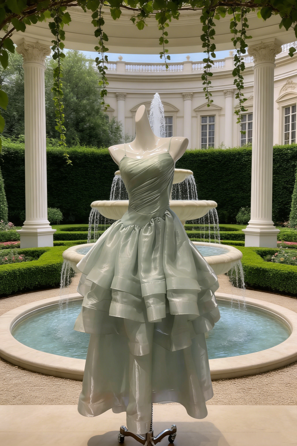 Mint Green Shimmer Organza Thin Spaghetti Strap Gown - Sweet Ethereal Asymmetric Layered Dress  NV6785