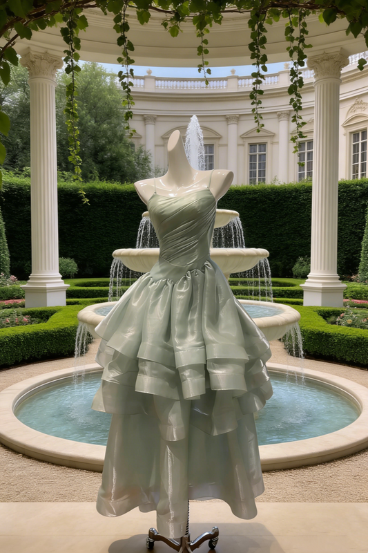 Mint Green Shimmer Organza Thin Spaghetti Strap Gown - Sweet Ethereal Asymmetric Layered Dress  NV6785