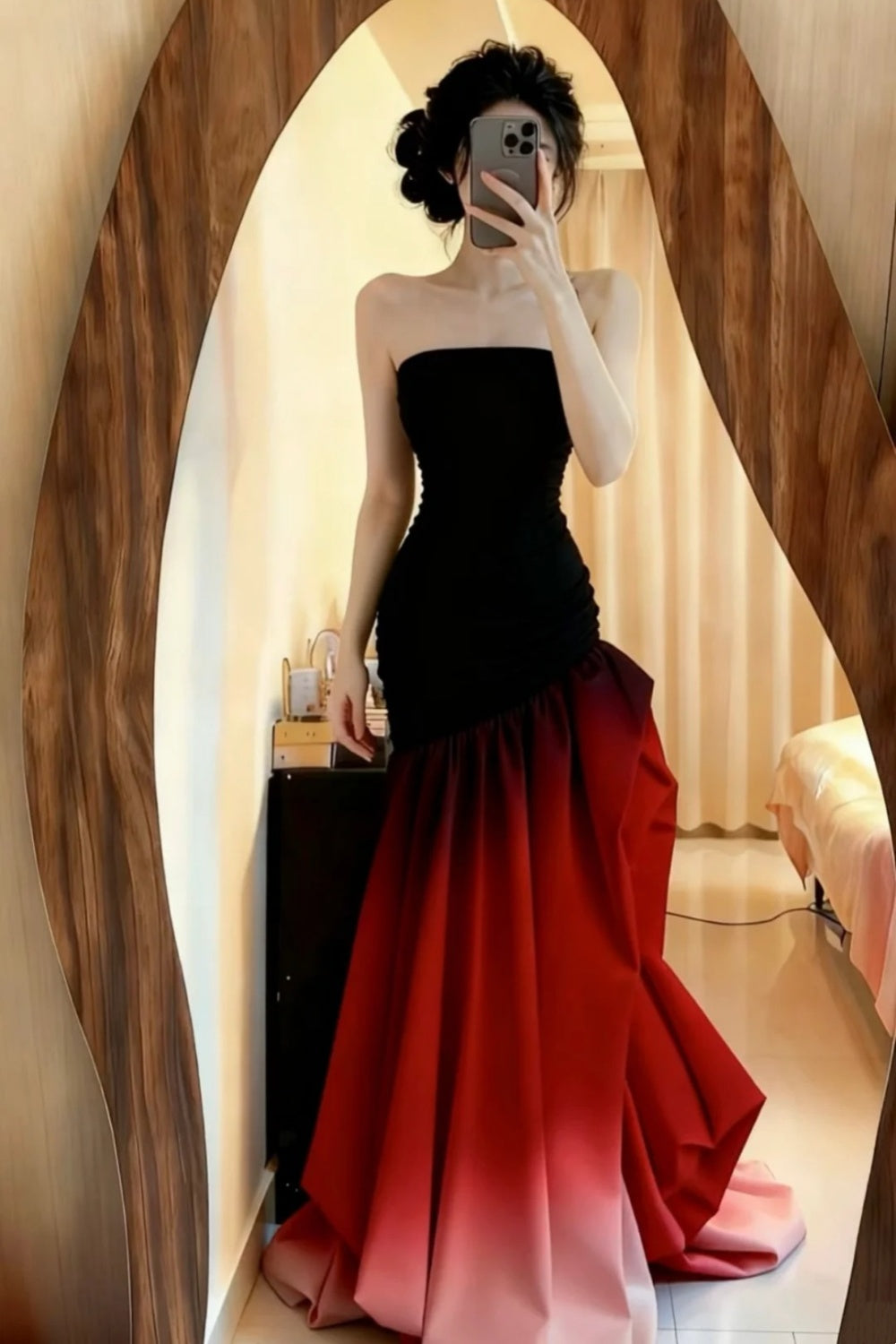 NiceVestidos-_Burgundy and black gradient long satin evening gown NV5970