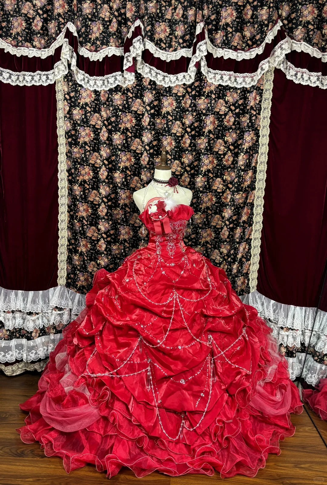 Robe de soirée longue en satin à fleurs et perles, style princesse, rouge, robe de bal, robe de quinceanera, nv4650