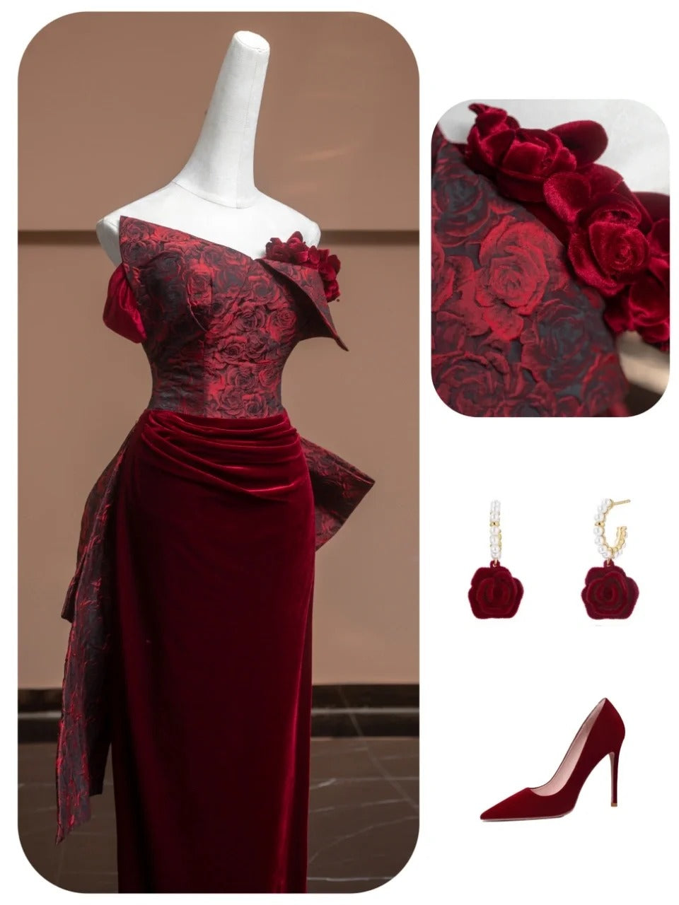 Burgundy Floral Velvet Elegant Fashion Long Prom Dress Evening Dress Party Dress nv4733