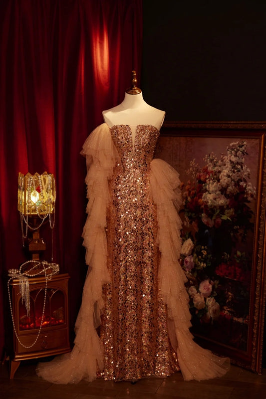 Luxurious, Gorgeous, And Exquisite Long Formal Gold Dress NV6538