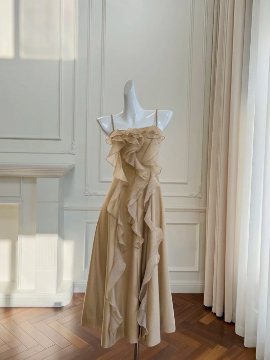 Light Brown Elegant Long Spaghetti Strap Chiffon Homecoming Dress Prom Dress Evening Dress Party Dress nv4142