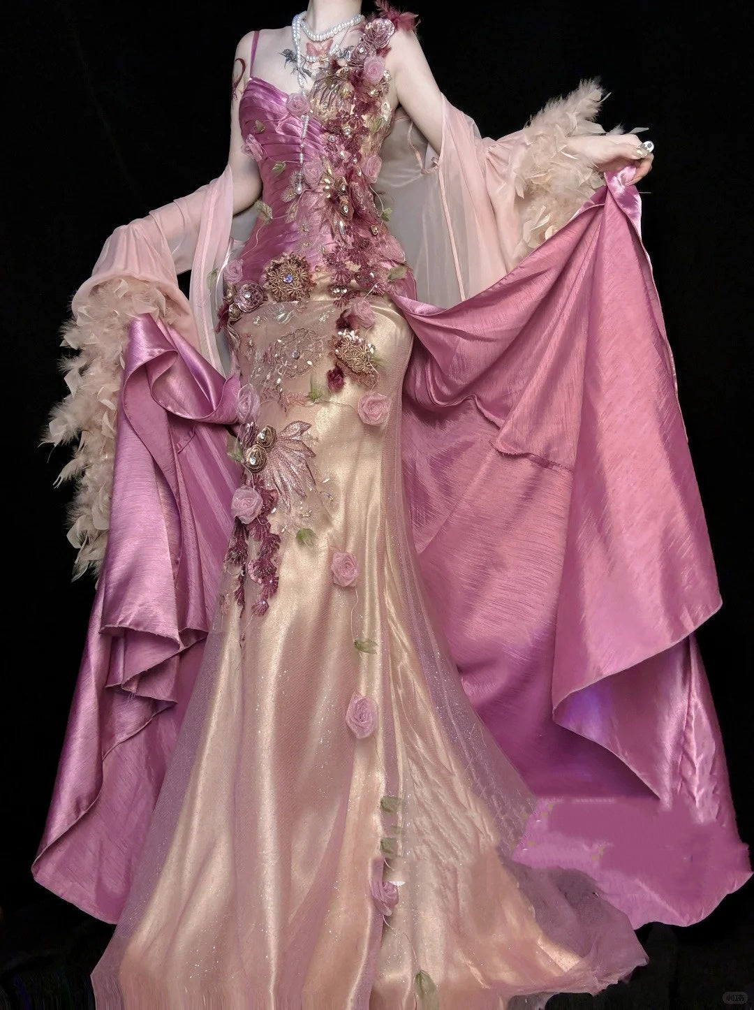 🌸Robe de soirée longue en satin à fleurs roses et violettes, robe de fée nv4433