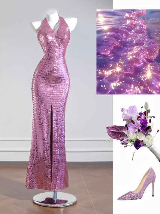 Rosa Mode lange Pailletten Ballkleid Abendkleid Partykleid nv4724