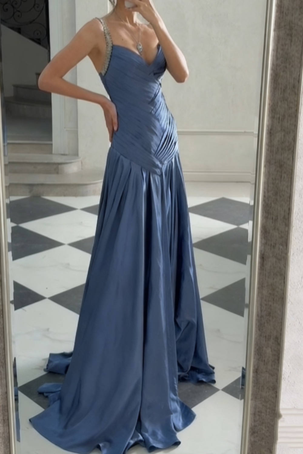 NiceVestidos-_ Evening Gown Blue Satin Floor-Length Evening Gown NV5951