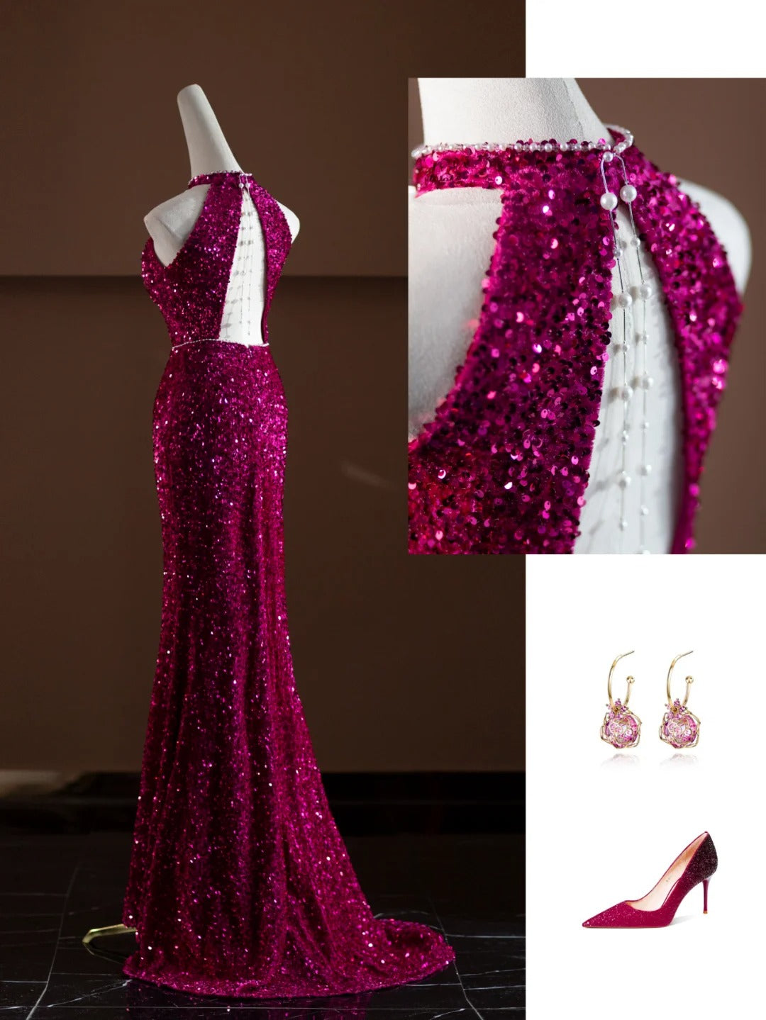 Rosa funkelndes langes Ballkleid mit Pailletten, Abendkleid, Partykleid, nv4750