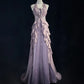 Lila zarte Perlen elegante lange Tüll Ballkleid Abendkleid nv4925
