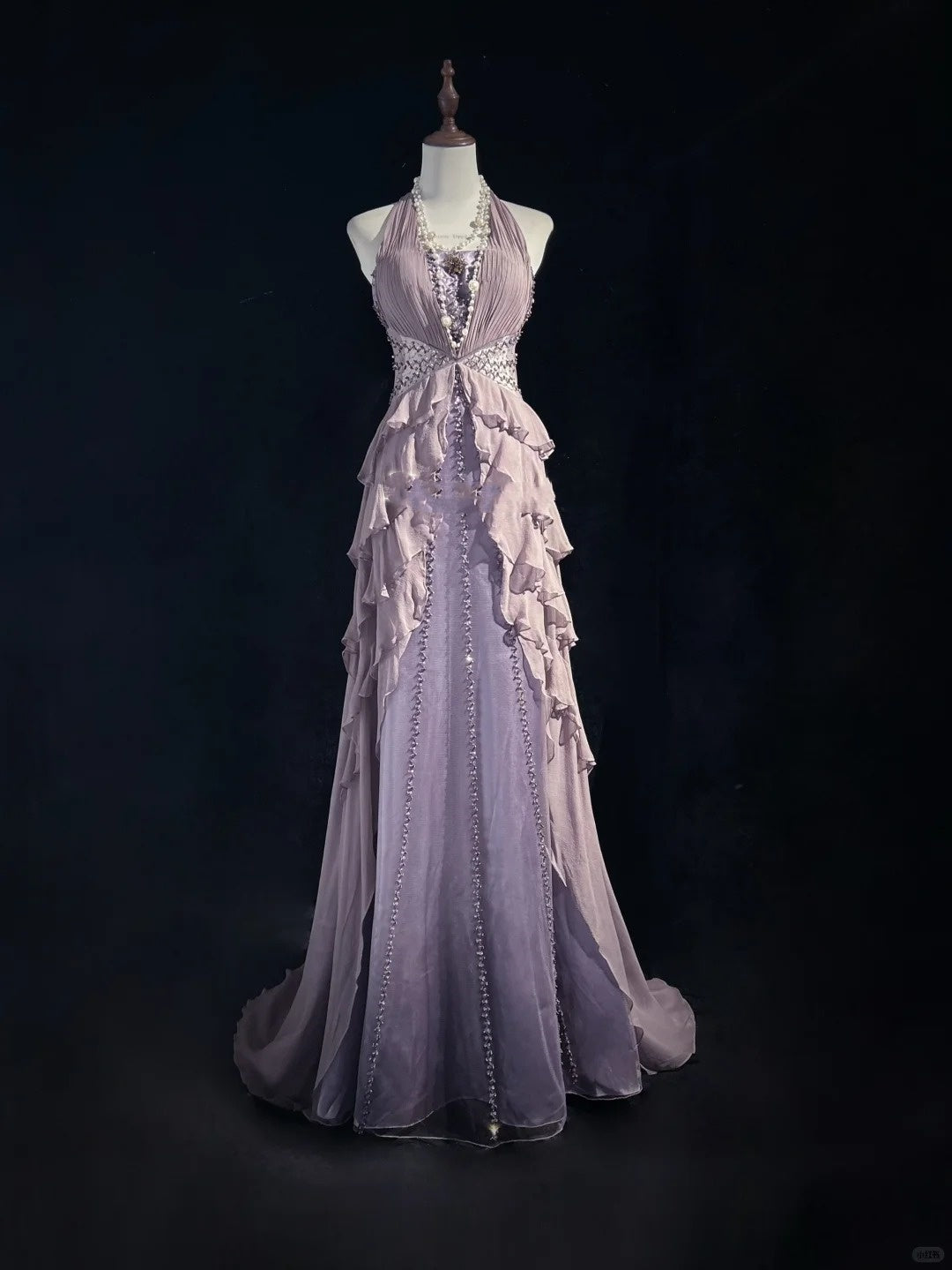 Lila zarte Perlen elegante lange Tüll Ballkleid Abendkleid nv4925