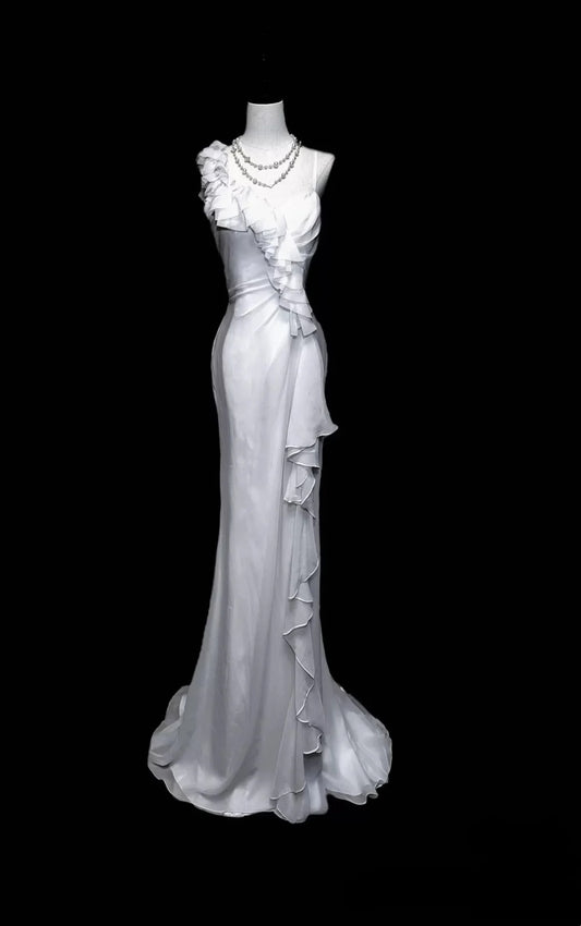 Robe de soirée sirène blanche à volants, élégante et longue en tulle, tenue de bal, d'anniversaire, nv4544