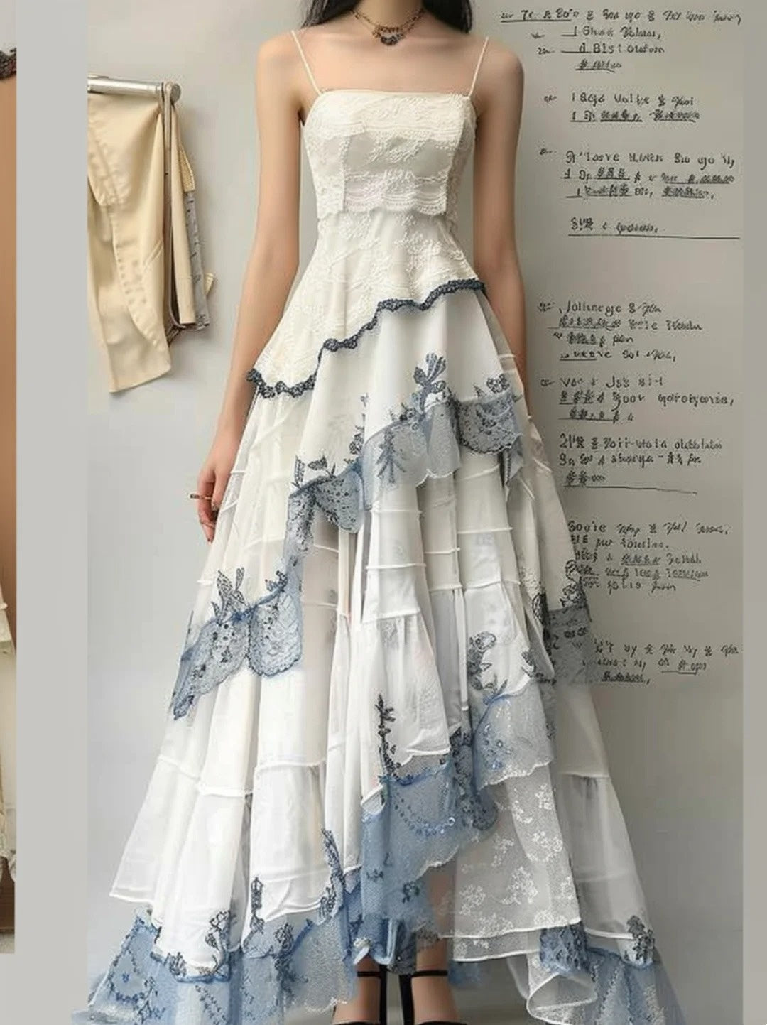 Robe de soirée longue en tulle et dentelle blanche à motif bleu, broderie exquise, volants multicouches, ourlet asymétrique, fantaisie, robe de bal, robe de soirée nv4546