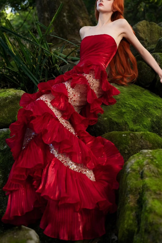 Red Gorgeous Shining Retro Elegant Long Satin Evening Dress NV6740