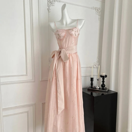 Pink Heavy Butterfly Embroidery Suspender Long Ball Gown Evening Dress Birthday Dress nv4635