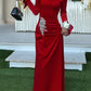 Red Velvet Flared Sleeve Maxi Dress - Asymmetric Neck Crystal Embellished Evening Gown  NV6797