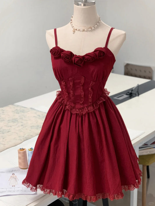 Red floral sweet short tulle homecoming dress prom dress birthday dress nv4525
