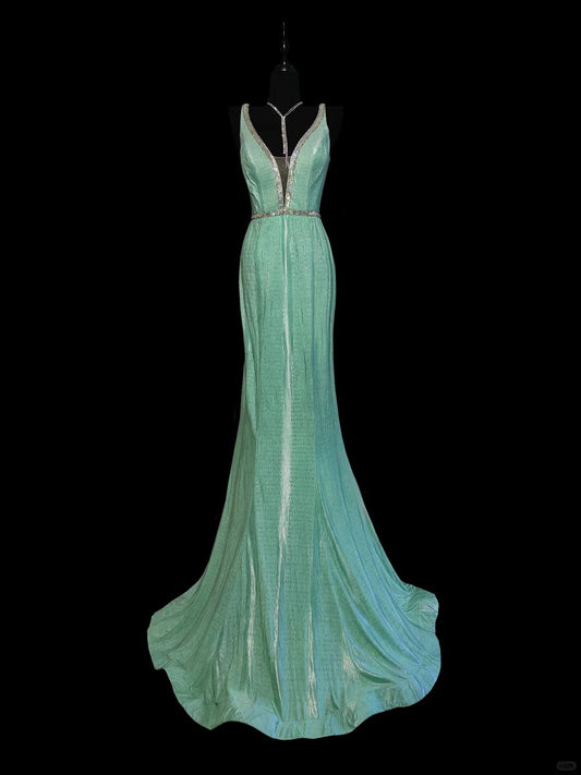 Mintgrünes, elegantes V-Ausschnitt-Kleid mit langem Meerjungfrau-Schlank-Fischschwanz-Rock aus Satin mit bodenlanger Schleppe, Ballkleid, Abendkleid, Partykleid, Abschlussballkleid nv3861