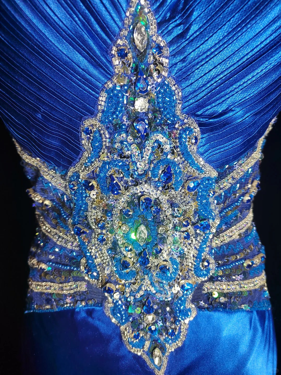 Blue Gorgeous Retro Elegant Exquisite Beaded Backless Long Floor Length Trail Satin Ball Gown Evening Gown Party Dress Prom Gown nv3964