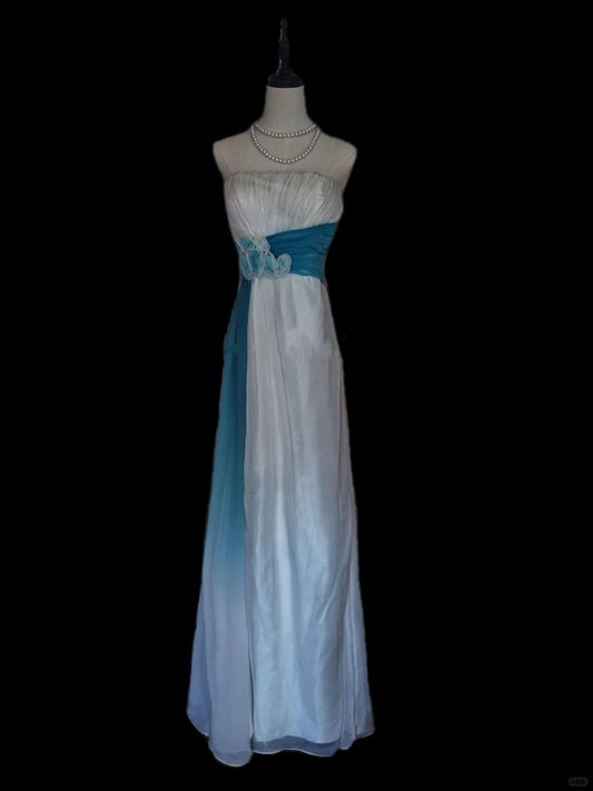 Blau Weiß Wunderschöne Zarte Blumen Träger Lange Tüll Bodenlangen Ballkleid Abendkleid Ballkleid Partykleid nv3902