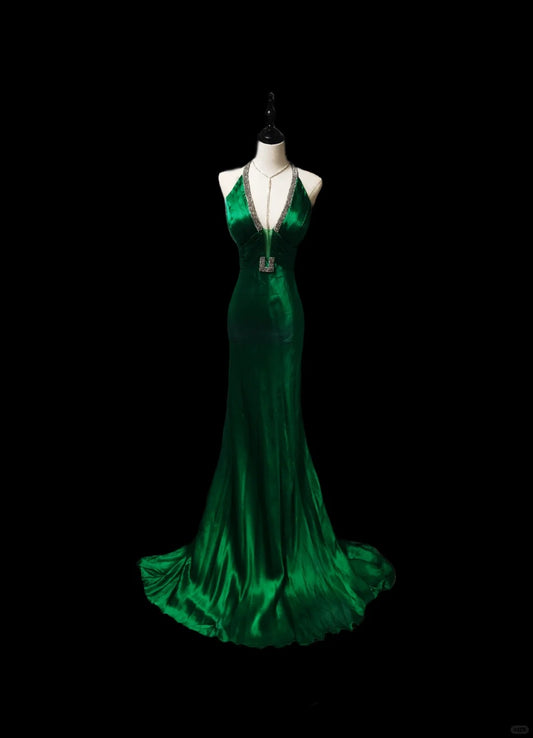 Wunderschönes, langes, mit Perlen besetztes, elegantes, bodenlanges Satin-Ballkleid im Grün mit Edelsteinen und Satin-Perlen, Abendkleid, Partykleid, NV3945