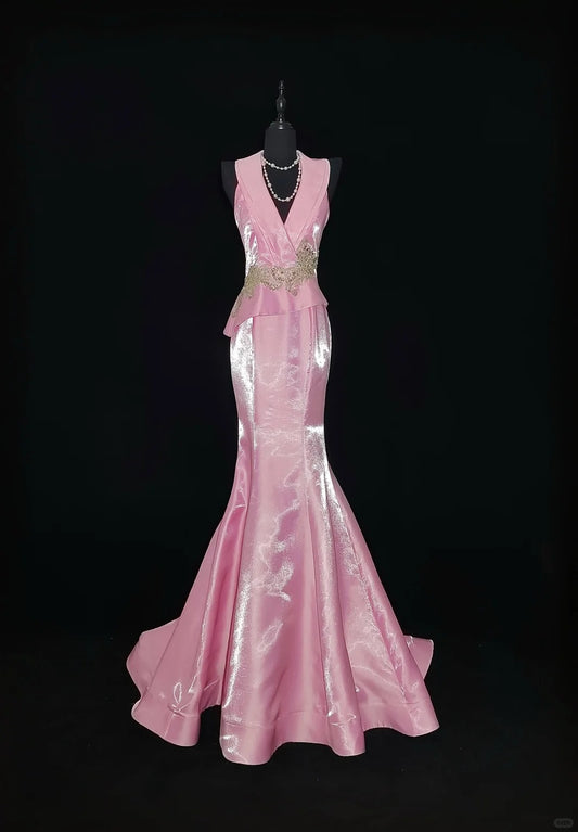 Rosa Elegante Mode Exquisite Perlen Lange Satin Meerjungfrau Schlank Bodenlangen Schleppe Ballkleid Abendkleid Ballkleid nv3870