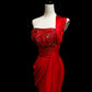 Red Hot Sexy Gorgeous Elegant One Shoulder Beautiful Delicate Floral Beaded Long Floor Length Satin Ball Gown Evening Gown Party Dress Prom Gown nv3984