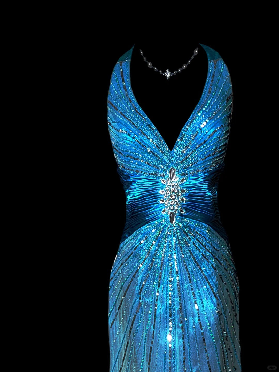 Blue shiny luxury gorgeous vintage elegant exquisite beaded backless long mermaid floor length trailing satin ball gown evening dress party dress prom dress nv3966