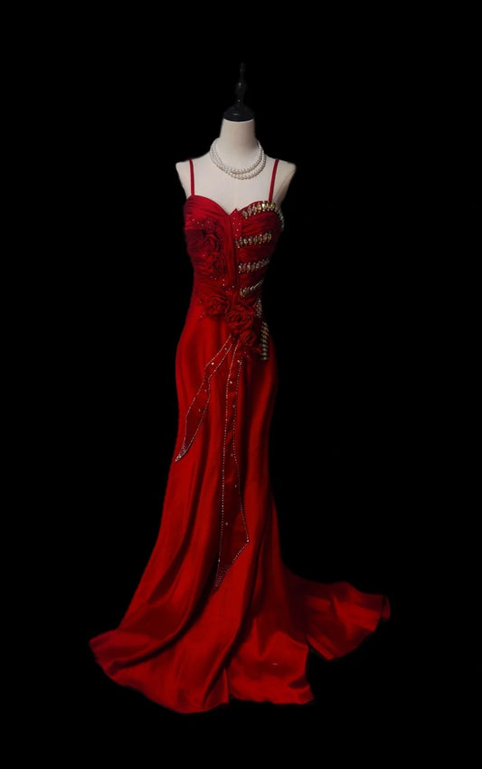 Rotes wunderschönes Retro-Mode-Elegantes exquisites Edelstein-Perlen-langes Satin-Meerjungfrauen-Slim-Fit-Ballkleid in Bodenlänge Abendkleid Ballkleid nv3944