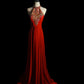 Red Gorgeous Vintage Exquisite Gem Beaded Halter Long Mermaid Slim Floor Length Satin Ball Gown Evening Gown Party Dress nv3946