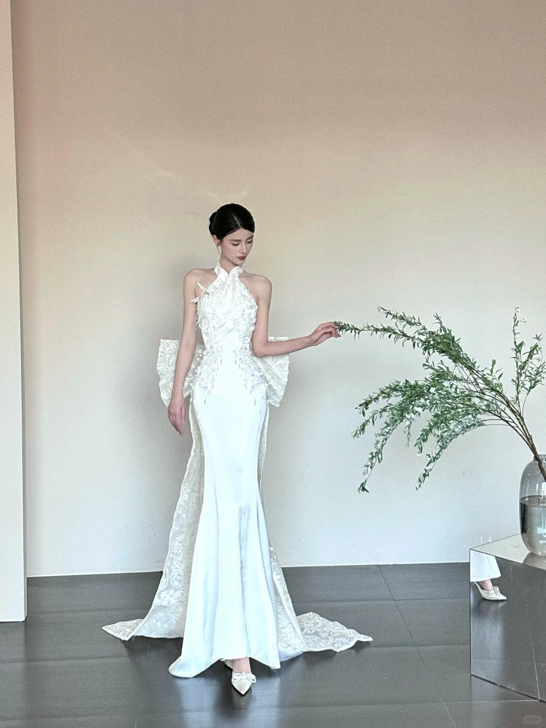 White Fashionable Gorgeous Elegant Exquisite Lace Long Mermaid Floor-length Tail Ball Dress Evening Dress Wedding Dress nv4056