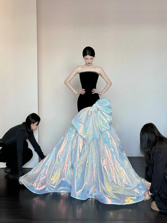 Black shiny gorgeous elegant satin long mermaid floor length ball gown evening dress nv4055