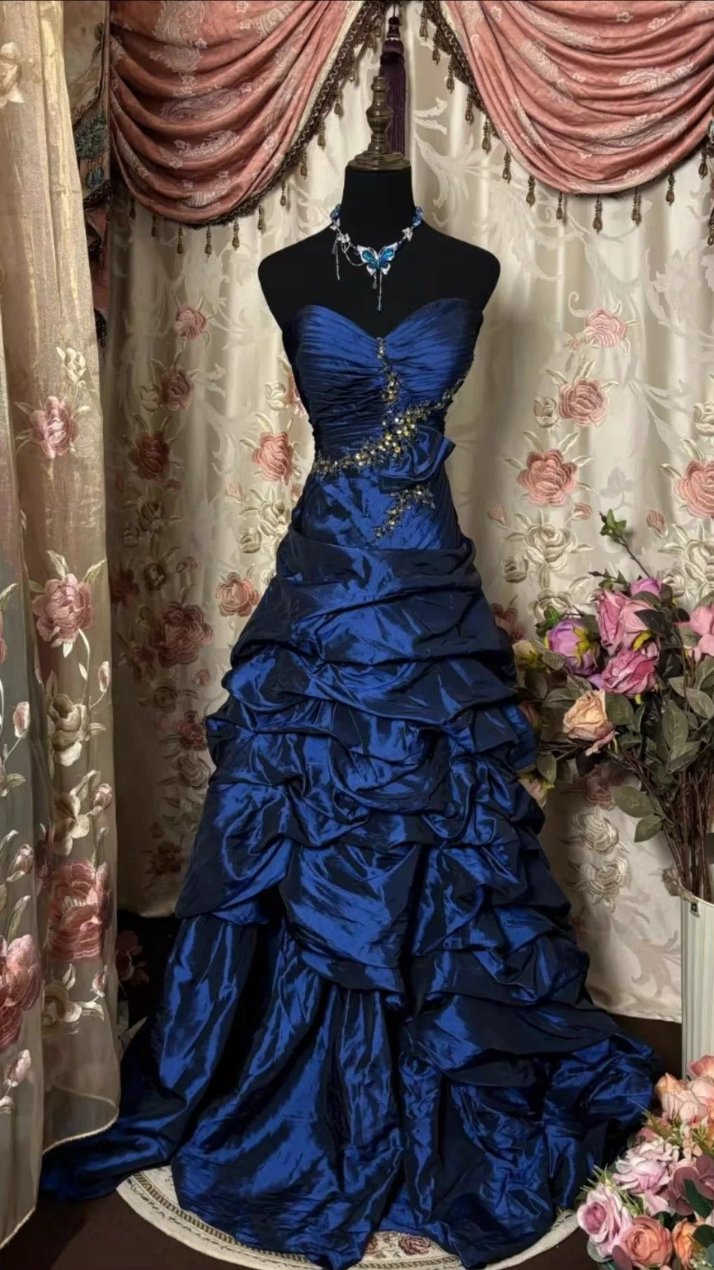 Blue Rhinestone Long Satin Floor Length Ball Gown Evening Gown Adult Dress nv4423