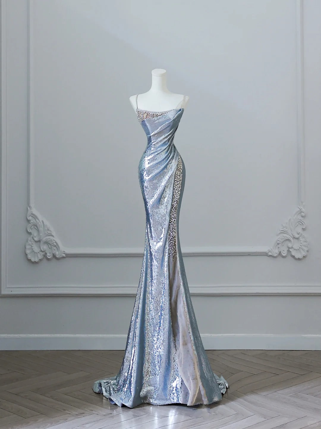 Robe de soirée longue en satin argenté, magnifique et brillante, style sirène, élégante, robe de bal, robe de remise de diplôme, nv4337