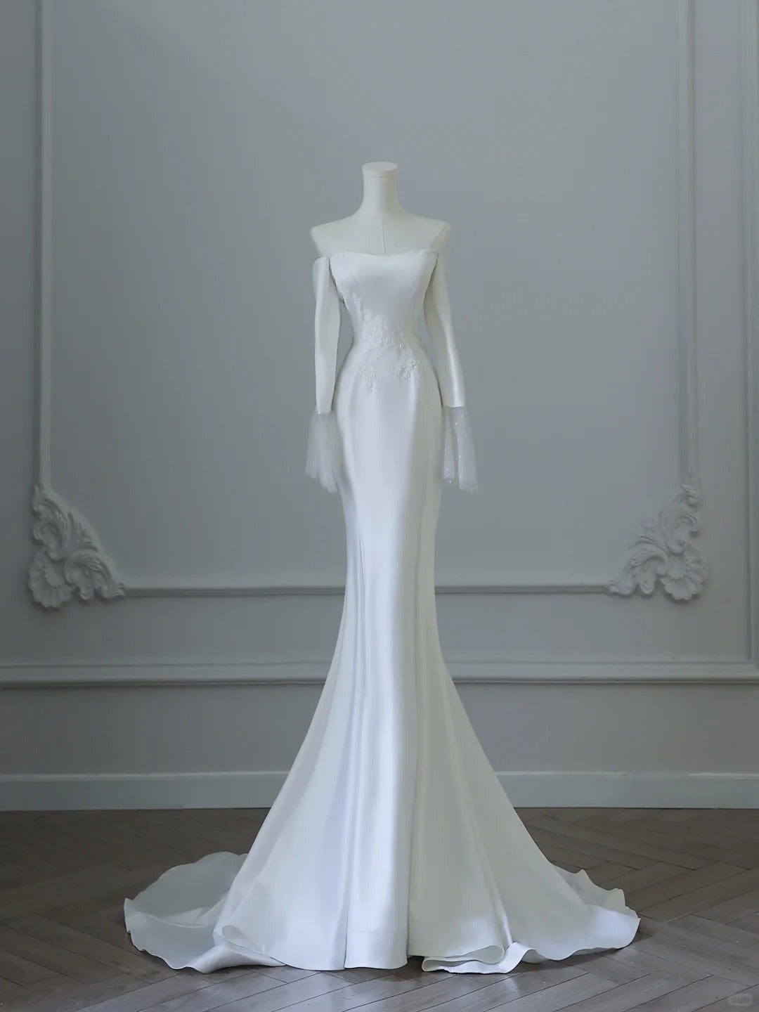 White simple fashion applique mermaid elegant long satin ball gown evening dress wedding dress nv4339