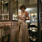 NiceVestidos--Retro Disco Style：Light Gold Glitter - Decorated Thin Strap High - Slit Floor - Length Ball Dress NV5817