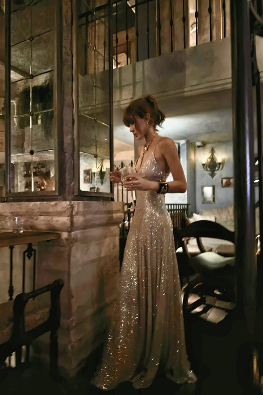 Champagne Sequin Spaghetti Strap Maxi Evening Dress for Gala/Party  NV6543