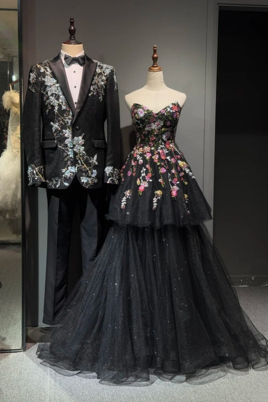 Black exquisite floral long chiffon ball dress party dress NV6622