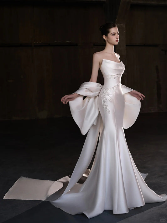 White Gorgeous Exquisite Beaded Long Satin Mermaid Slim Ball Gown Evening Gown Wedding Dress nv4127