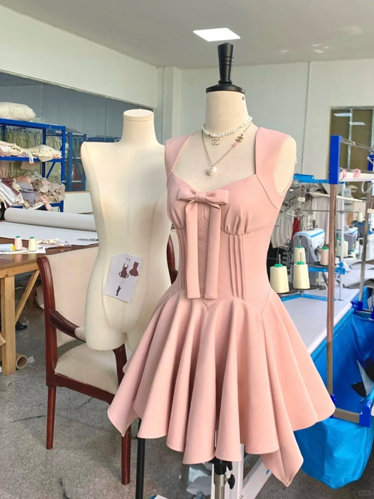 Pink Fashion Sweet Bow Short satin Homecoming Dress Prom Dress Birthday Dress nv4512